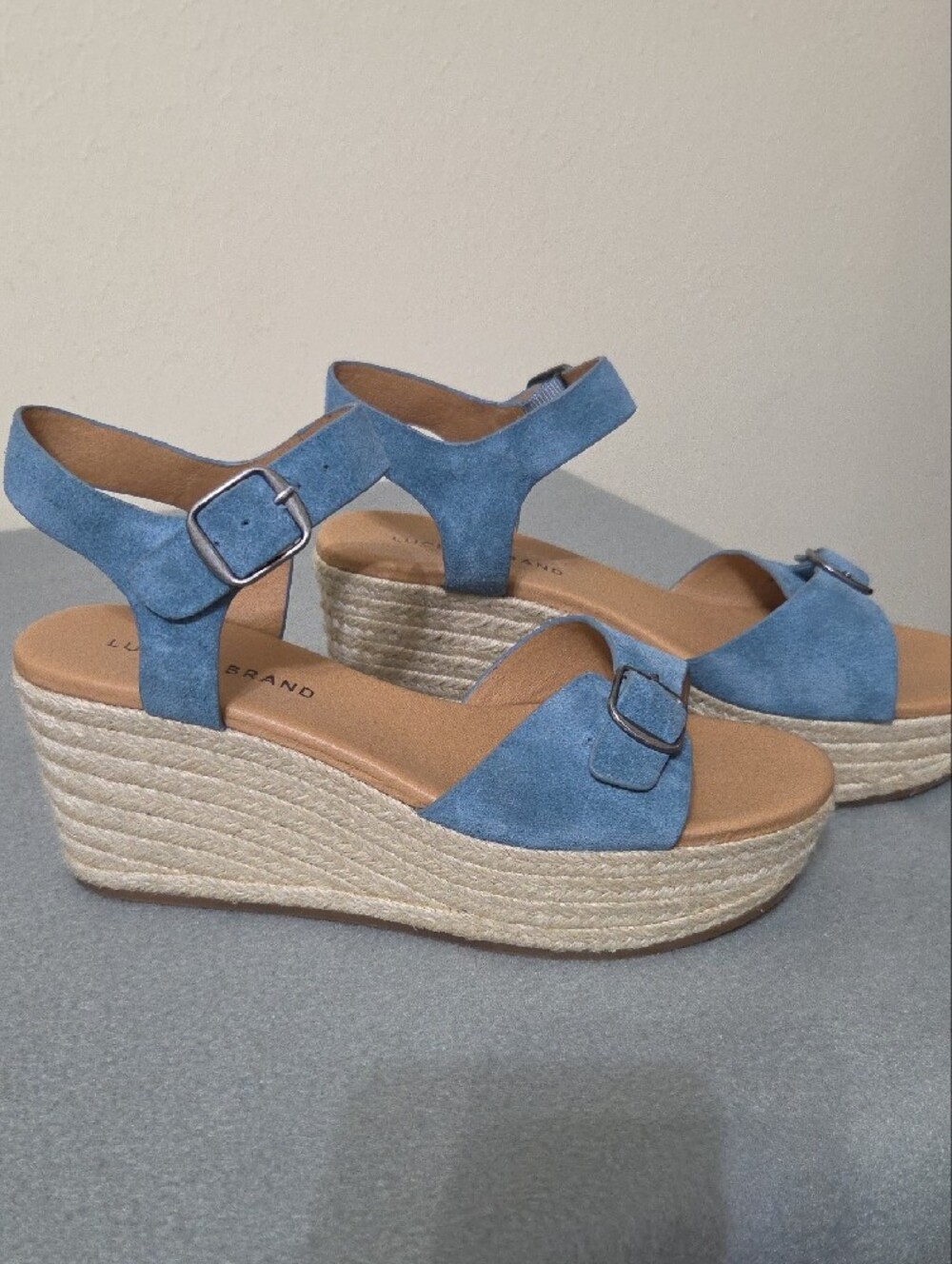 Lucky Brand Light Blue Leather 3" Wedge Sandals - Size 9